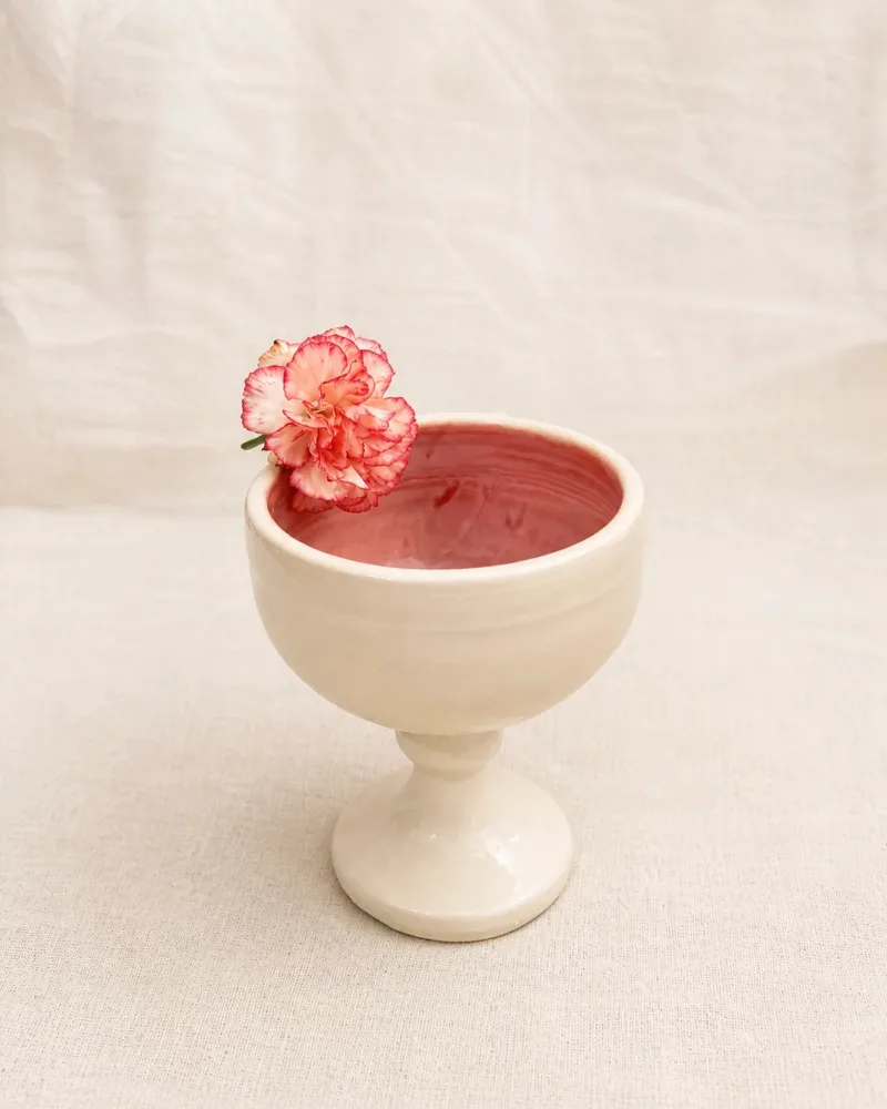 Moon Flower goblet, cream with pink glazed bowl, carnation